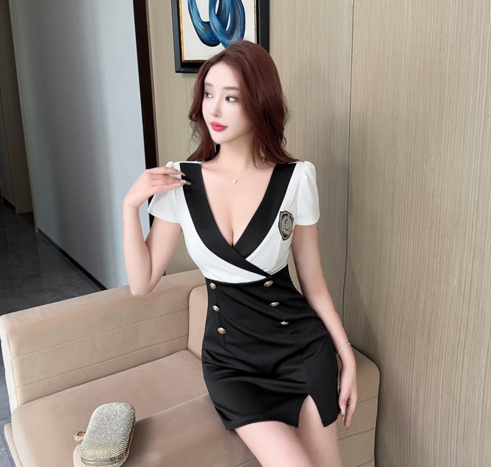 Sexy package hip short sleeve Woolen dress V-neck short dress