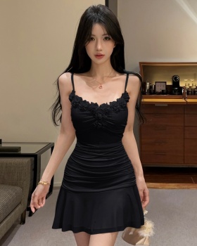 Flowers decoration dress pinched waist strap dress