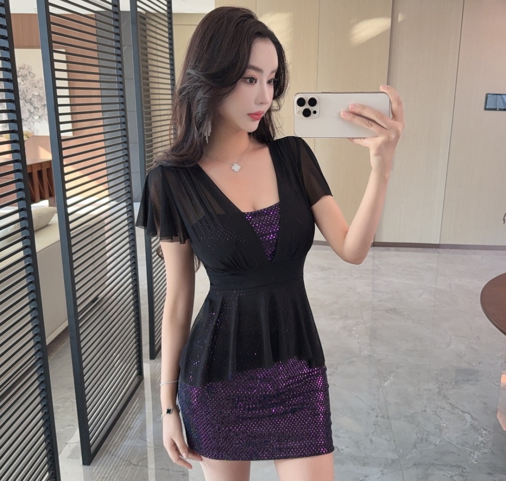 Gauze tight Pseudo-two low-cut short sleeve dress