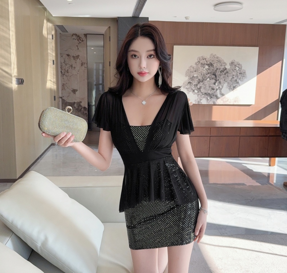 Gauze tight Pseudo-two low-cut short sleeve dress