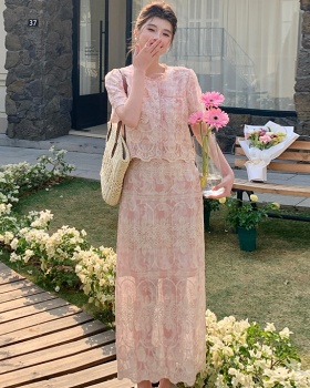 High waist lace skirt small fellow small shirt 2pcs set