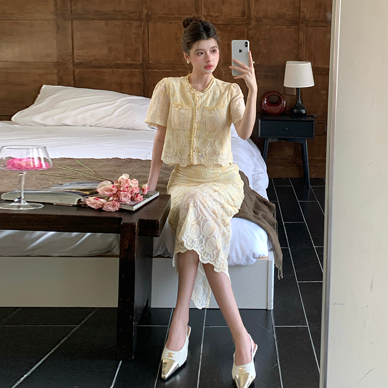 High waist lace skirt small fellow small shirt 2pcs set