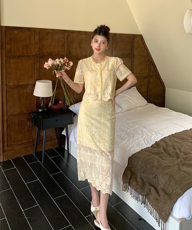 High waist lace skirt small fellow small shirt 2pcs set