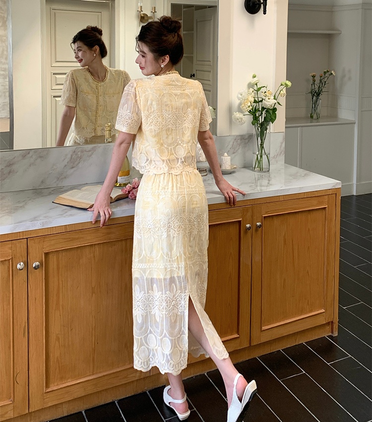 High waist lace skirt small fellow small shirt 2pcs set