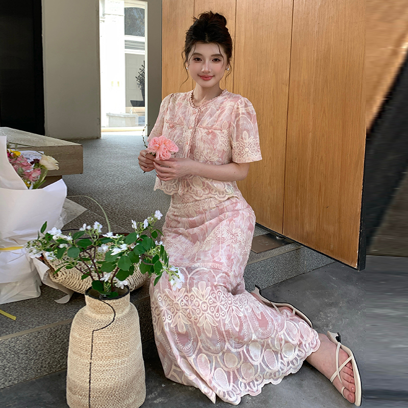 High waist lace skirt small fellow small shirt 2pcs set