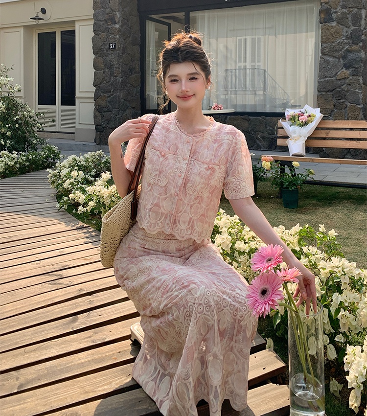 High waist lace skirt small fellow small shirt 2pcs set