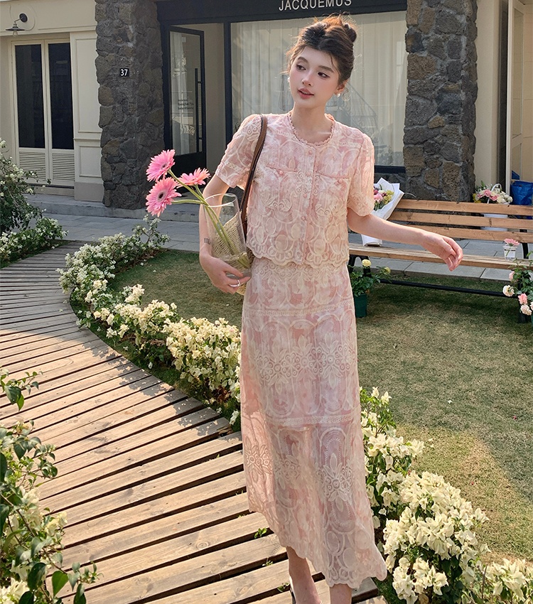 High waist lace skirt small fellow small shirt 2pcs set