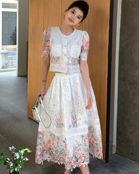 Fashion slim colors lace skirt 2pcs set