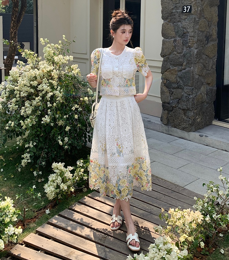 Fashion slim colors lace skirt 2pcs set