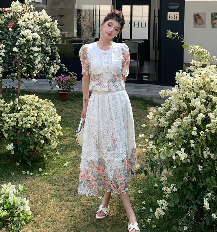 Fashion slim colors lace skirt 2pcs set