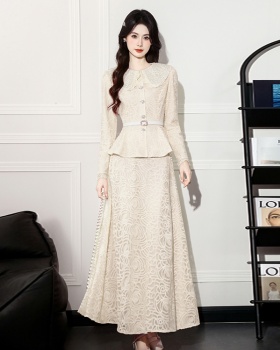Beading long sleeve lace fashion slim dress 2pcs set