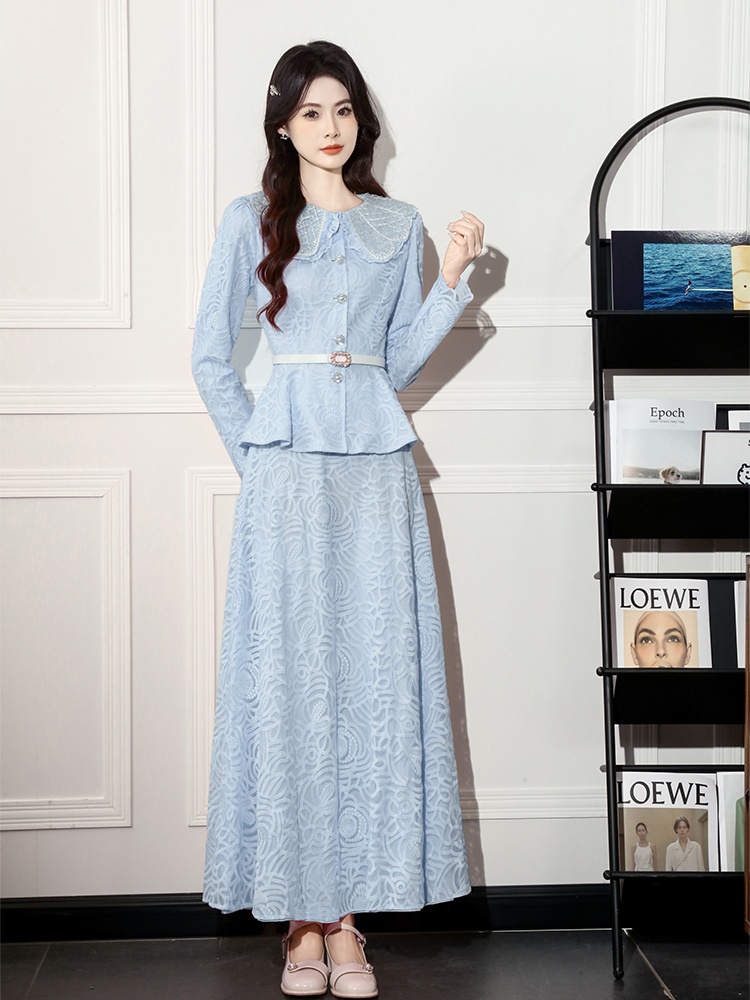 Beading long sleeve lace fashion slim dress 2pcs set