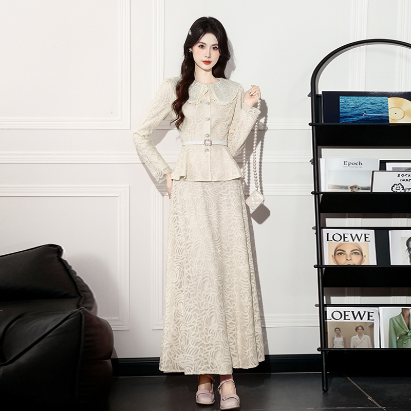 Beading long sleeve lace fashion slim dress 2pcs set