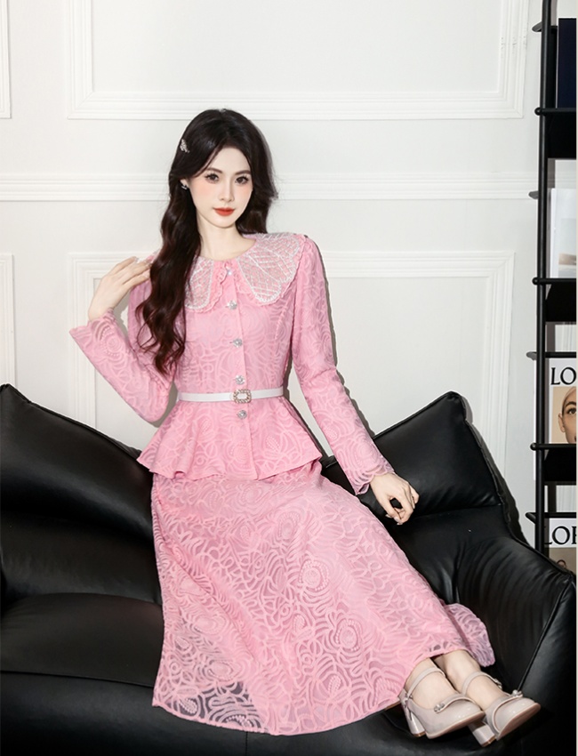 Beading long sleeve lace fashion slim dress 2pcs set