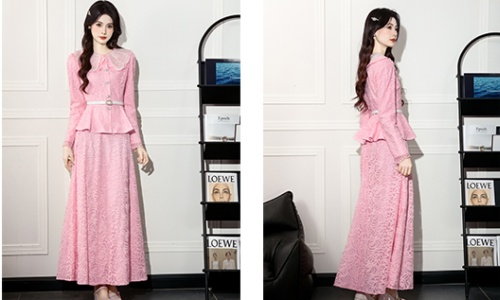 Beading long sleeve lace fashion slim dress 2pcs set