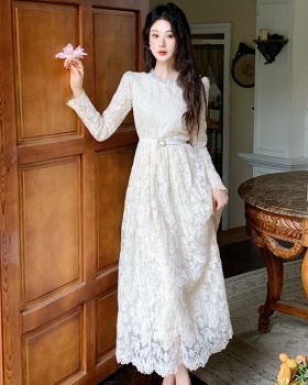 Elegant long sleeve lace temperament pinched waist dress