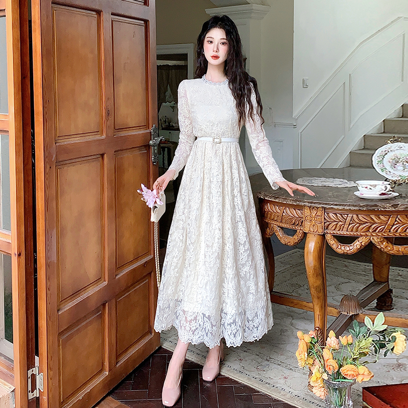 Elegant long sleeve lace temperament pinched waist dress