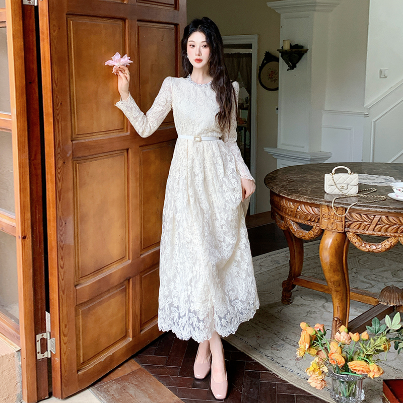 Elegant long sleeve lace temperament pinched waist dress