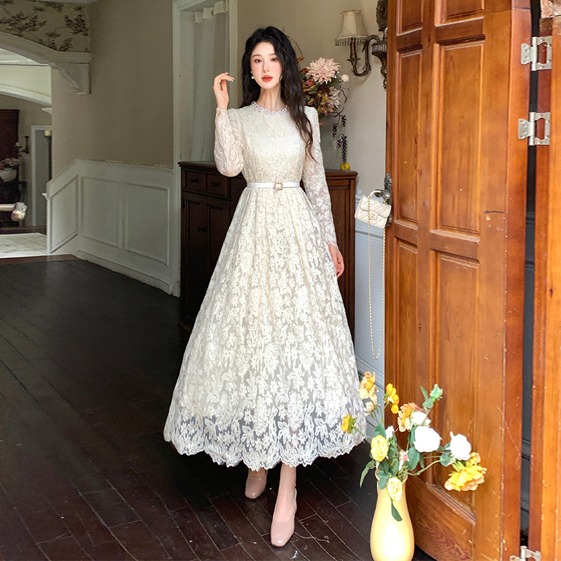 Elegant long sleeve lace temperament pinched waist dress