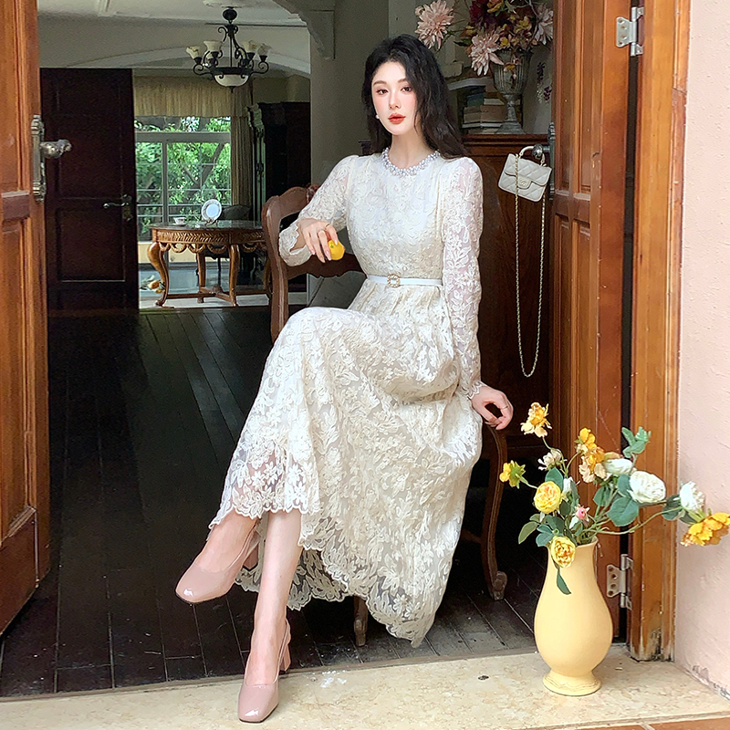 Elegant long sleeve lace temperament pinched waist dress