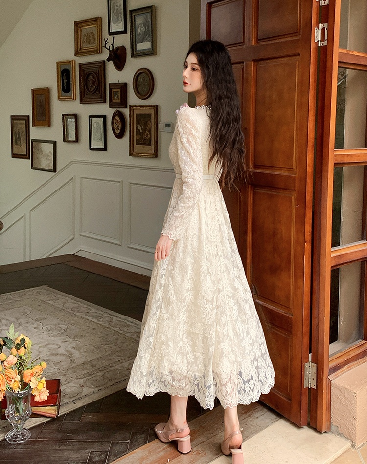 Elegant long sleeve lace temperament pinched waist dress
