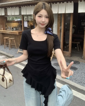 Summer large yard tops irregular lotus leaf edges hem T-shirt