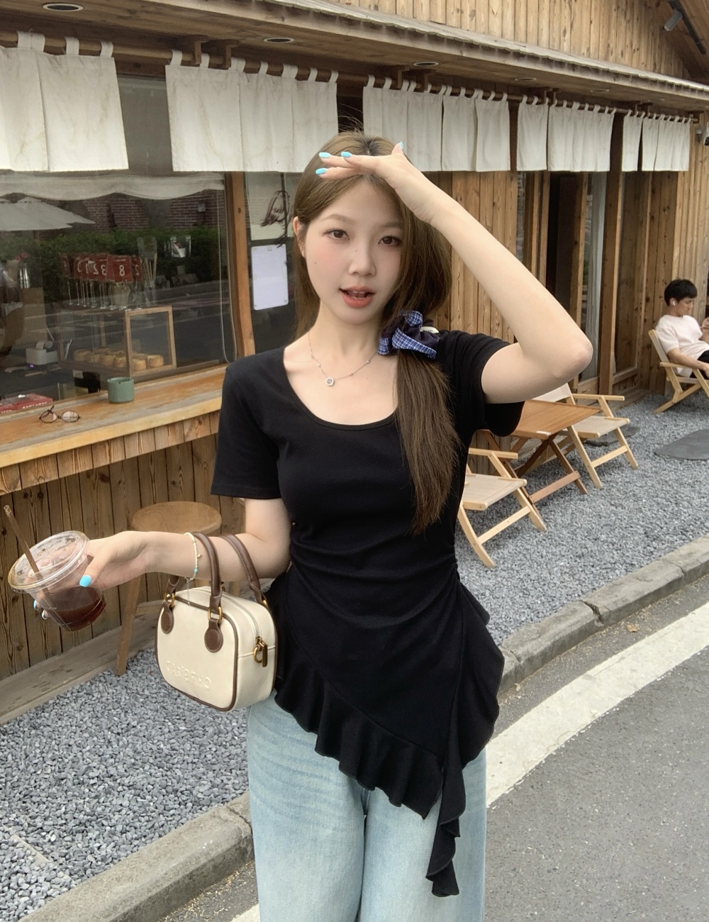 Summer large yard tops irregular lotus leaf edges hem T-shirt