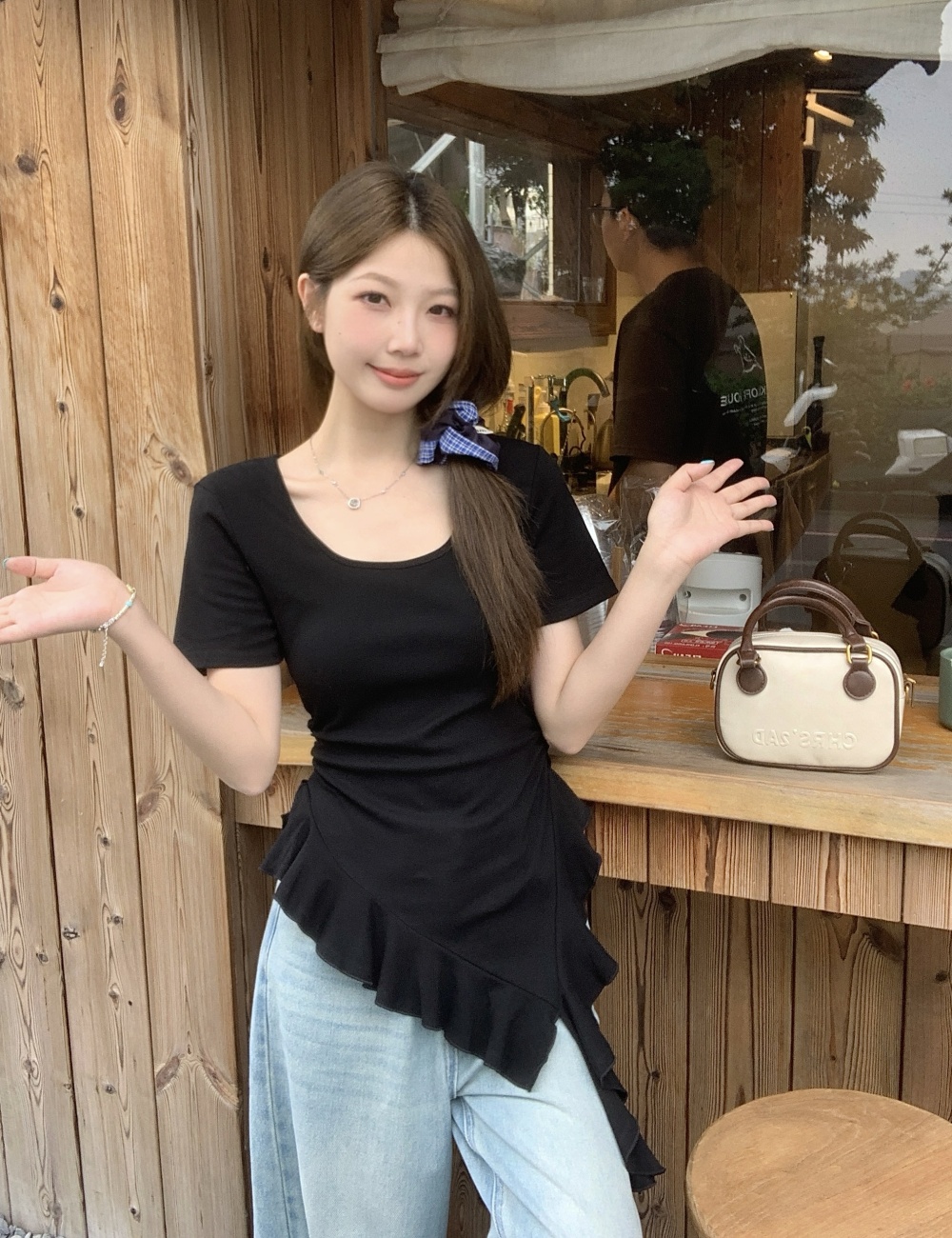 Summer large yard tops irregular lotus leaf edges hem T-shirt