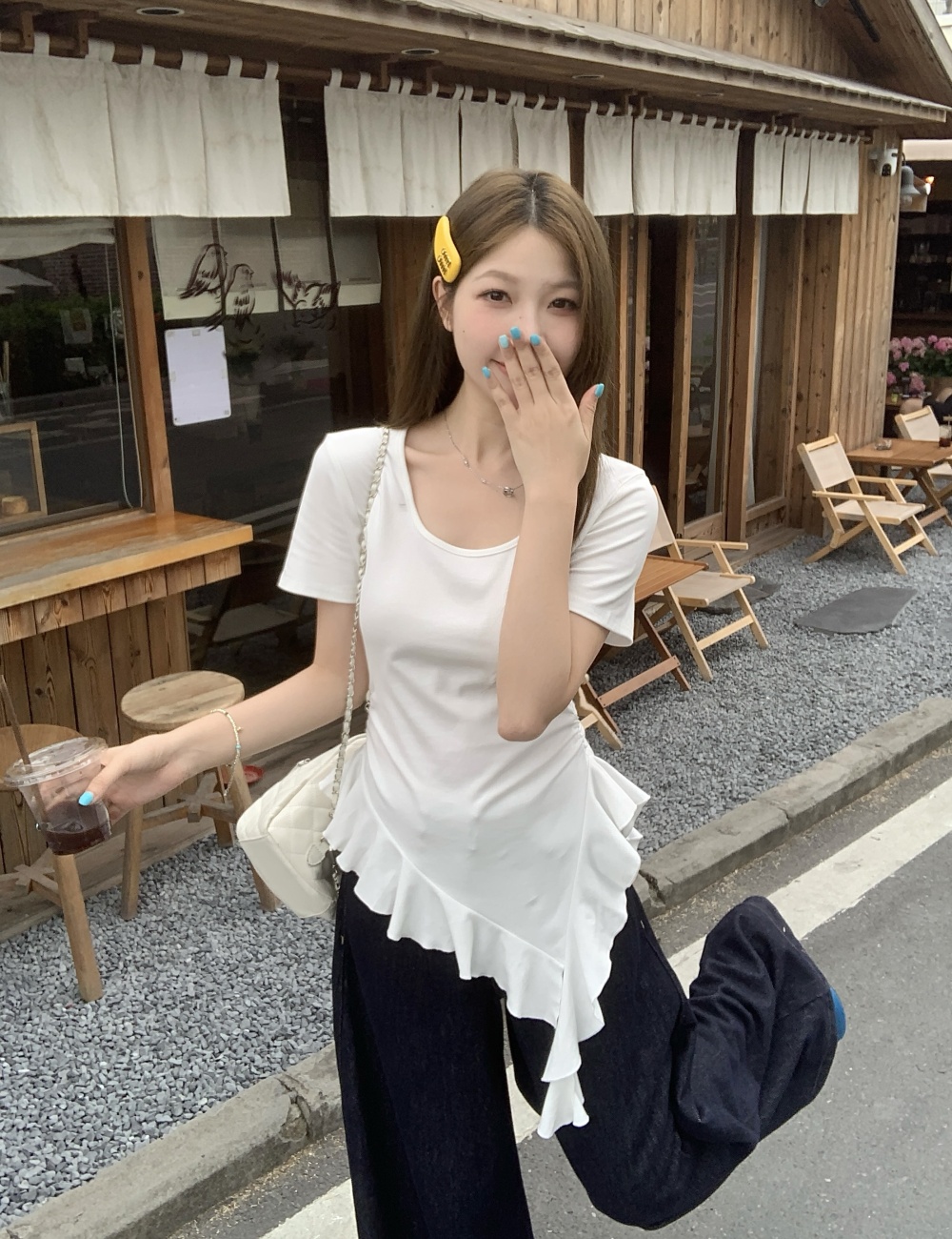 Summer large yard tops irregular lotus leaf edges hem T-shirt