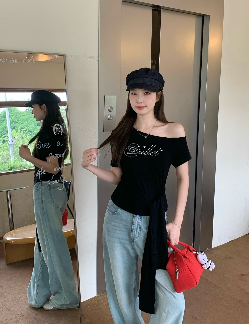 Spicegirl sloping shoulder T-shirt slim letters tops