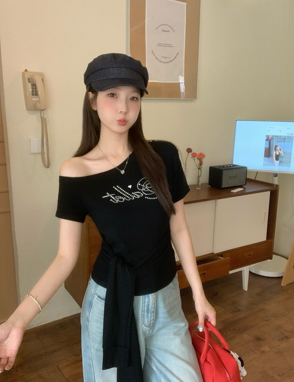 Spicegirl sloping shoulder T-shirt slim letters tops