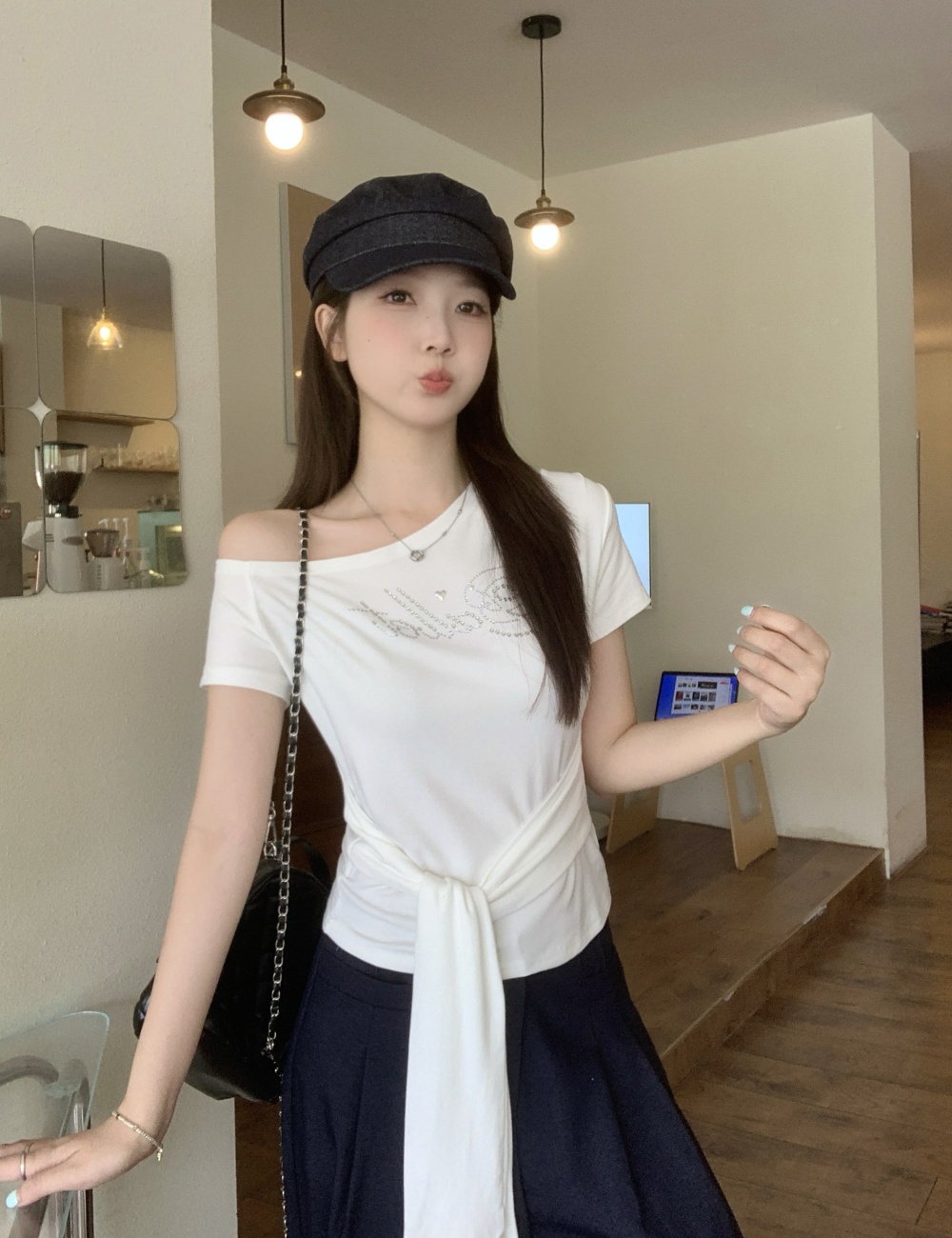 Spicegirl sloping shoulder T-shirt slim letters tops