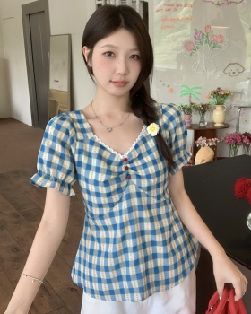 Summer pinched waist short sleeve tops slim floral plaid shirt