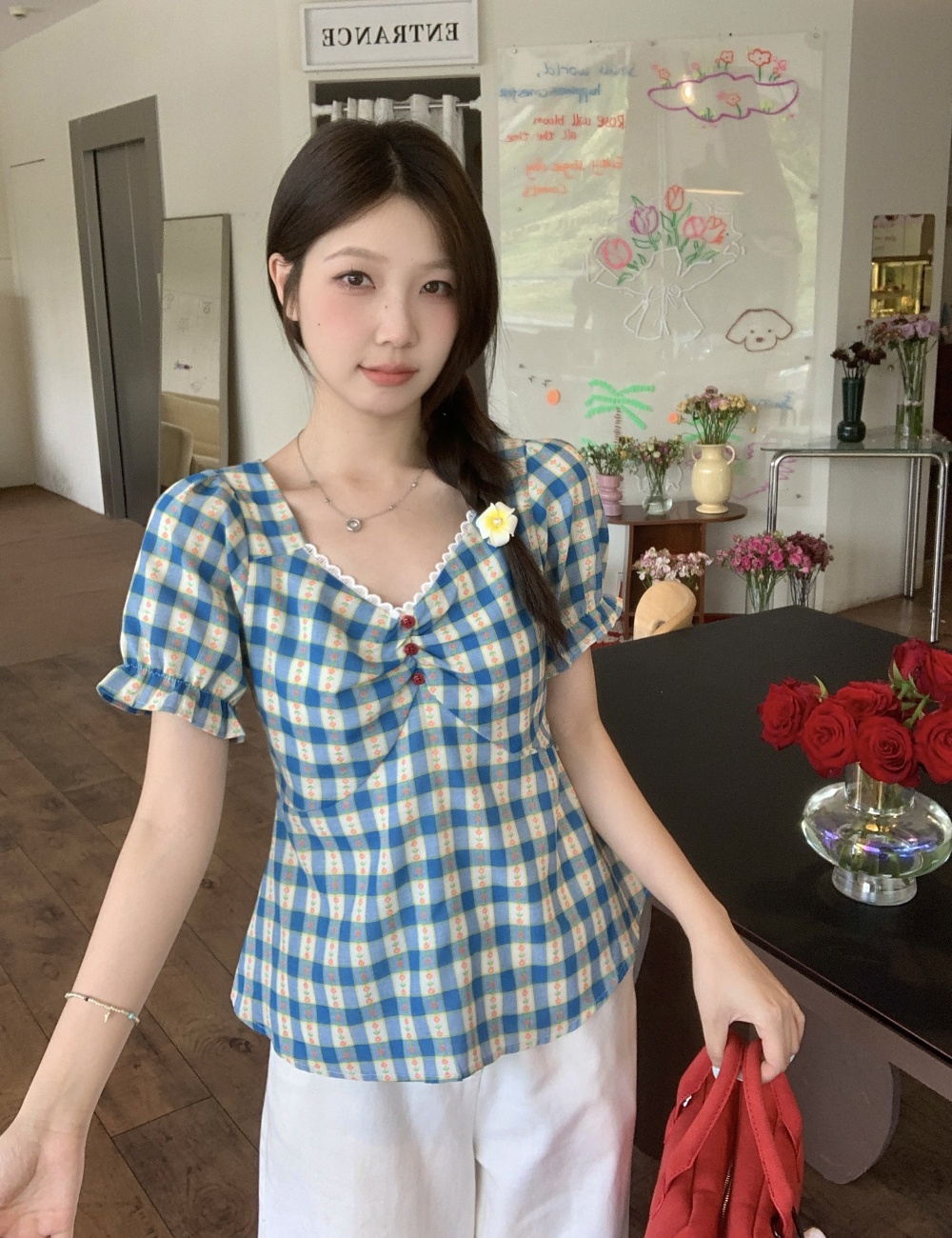Summer pinched waist short sleeve tops slim floral plaid shirt