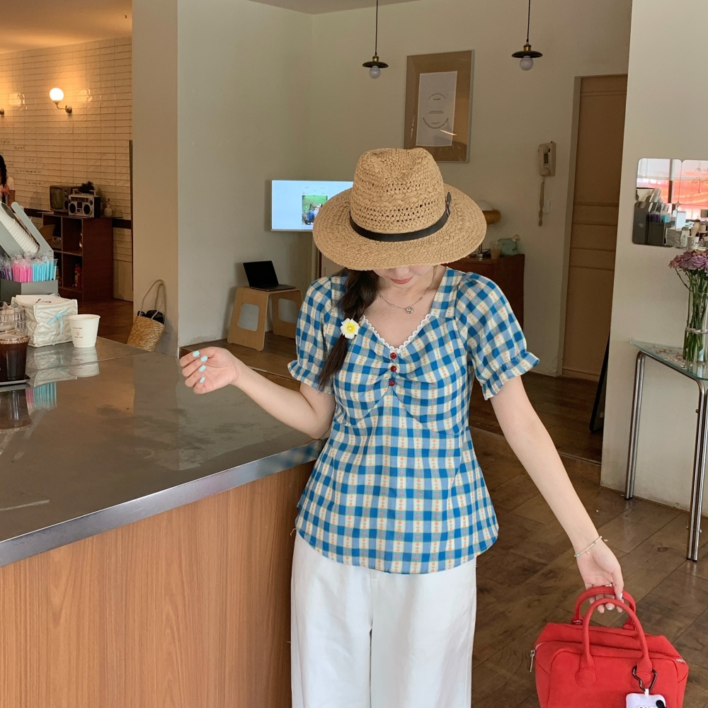 Summer pinched waist short sleeve tops slim floral plaid shirt