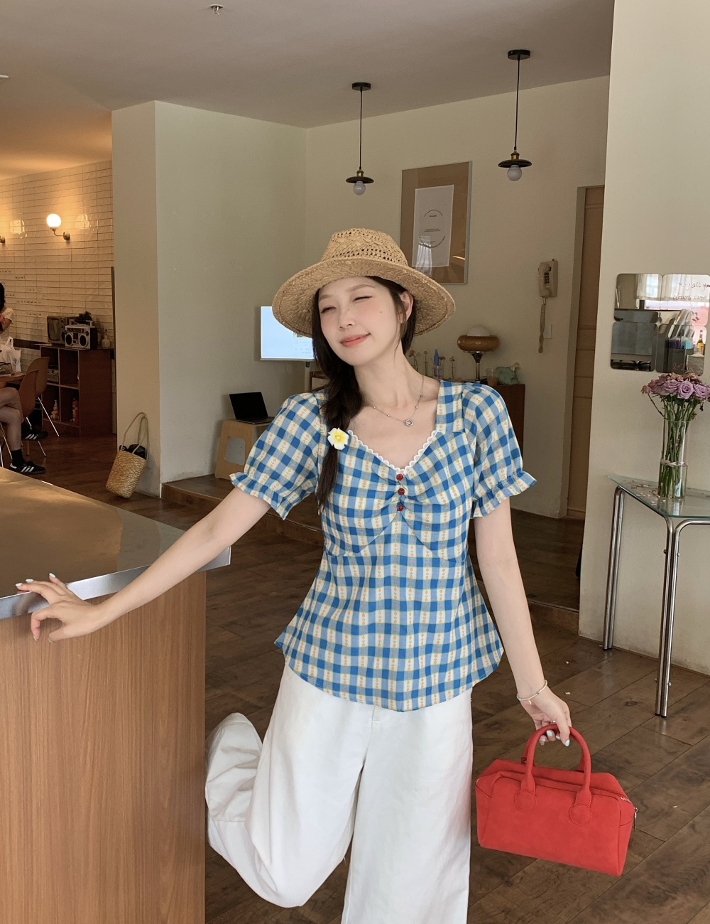 Summer pinched waist short sleeve tops slim floral plaid shirt