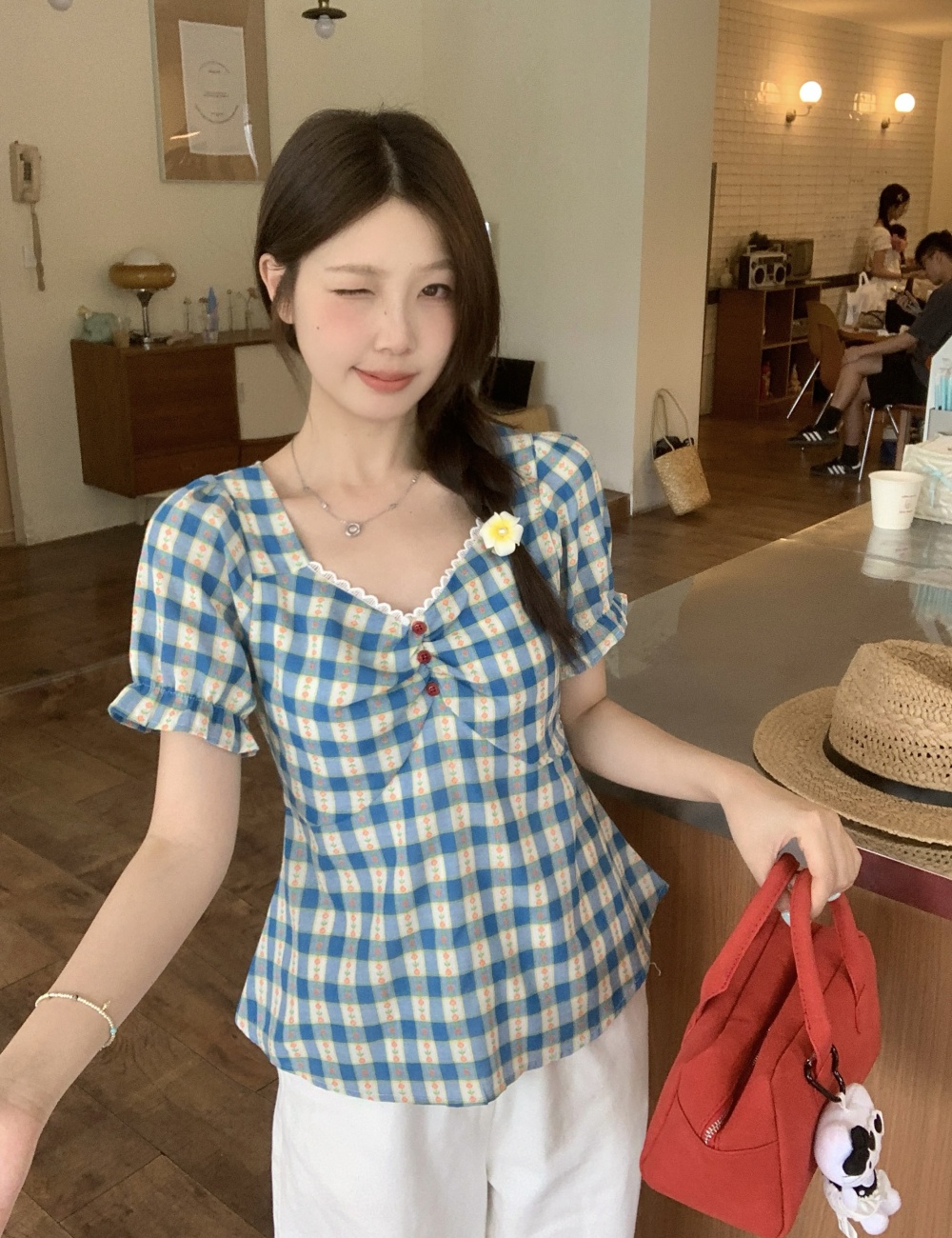 Summer pinched waist short sleeve tops slim floral plaid shirt