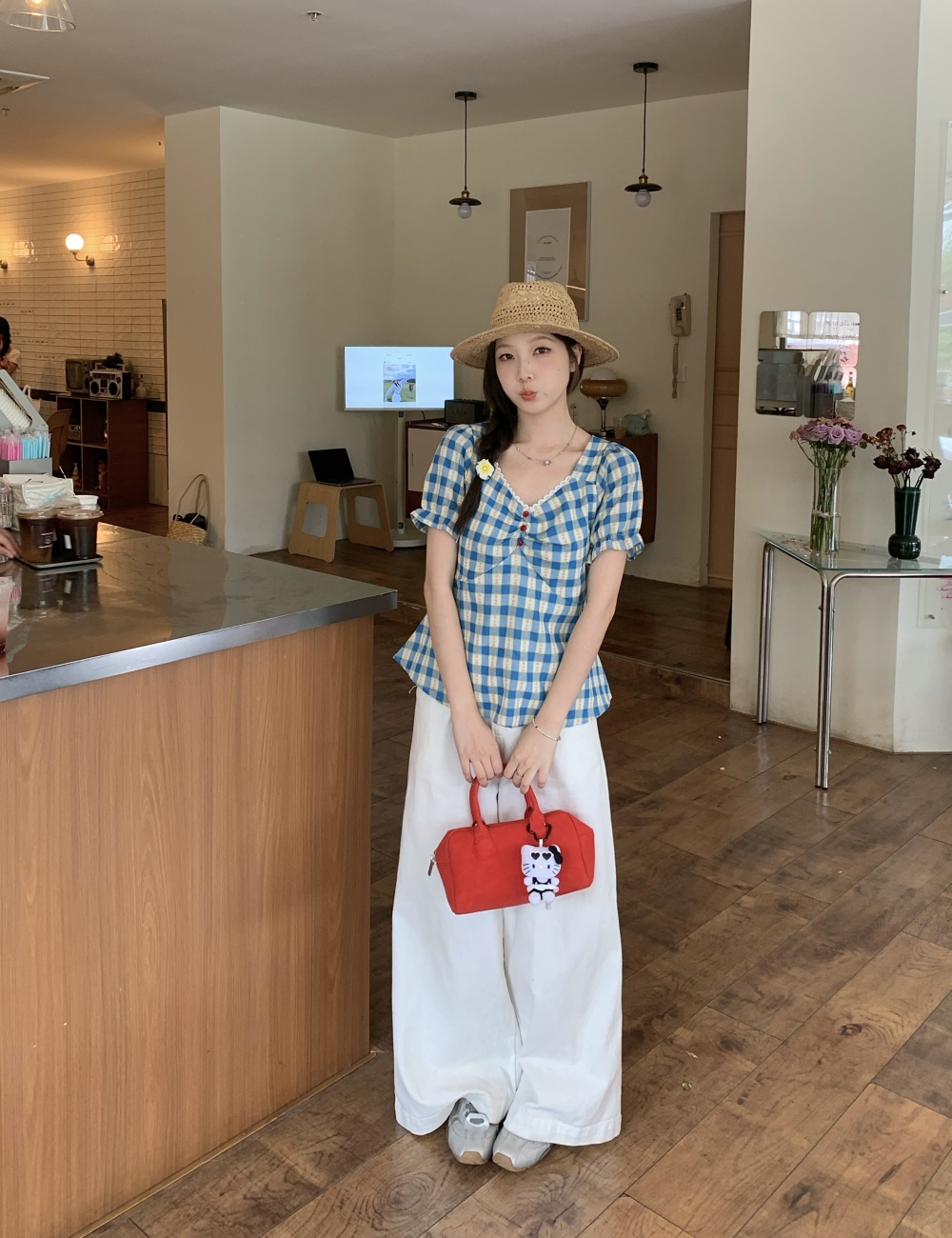 Summer pinched waist short sleeve tops slim floral plaid shirt