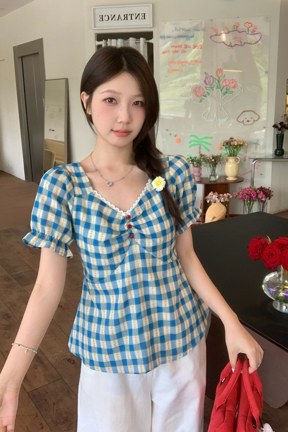 Summer pinched waist short sleeve tops slim floral plaid shirt
