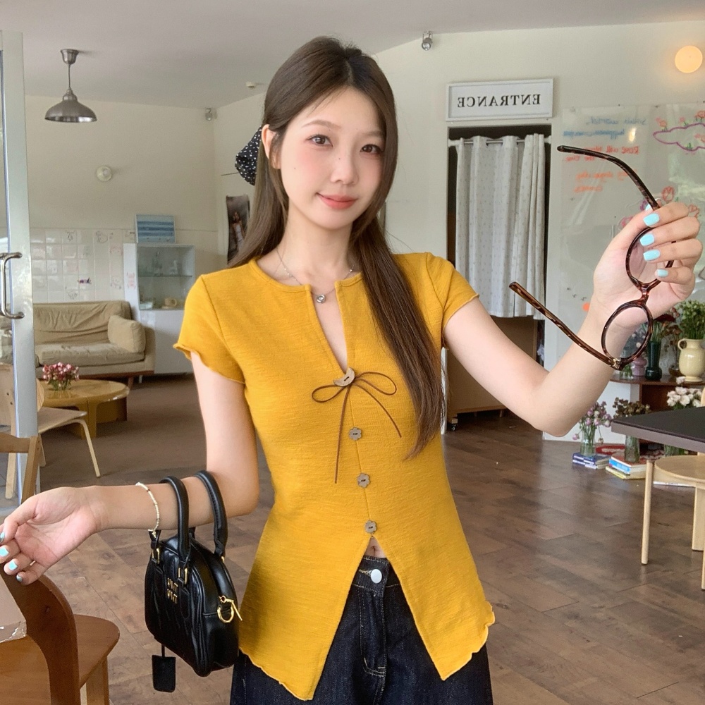 V-neck short sleeve niche tops Korean style fat T-shirt