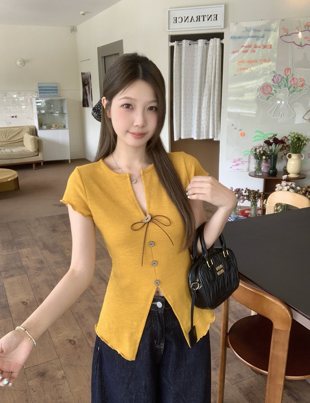 V-neck short sleeve niche tops Korean style fat T-shirt