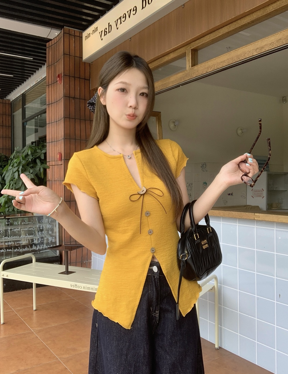 V-neck short sleeve niche tops Korean style fat T-shirt