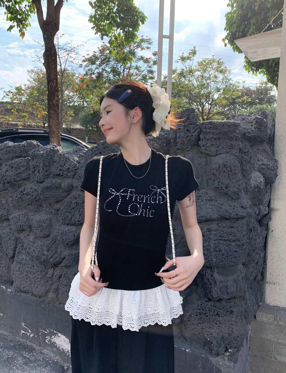 Lace slim rhinestone tops large yard bow summer T-shirt