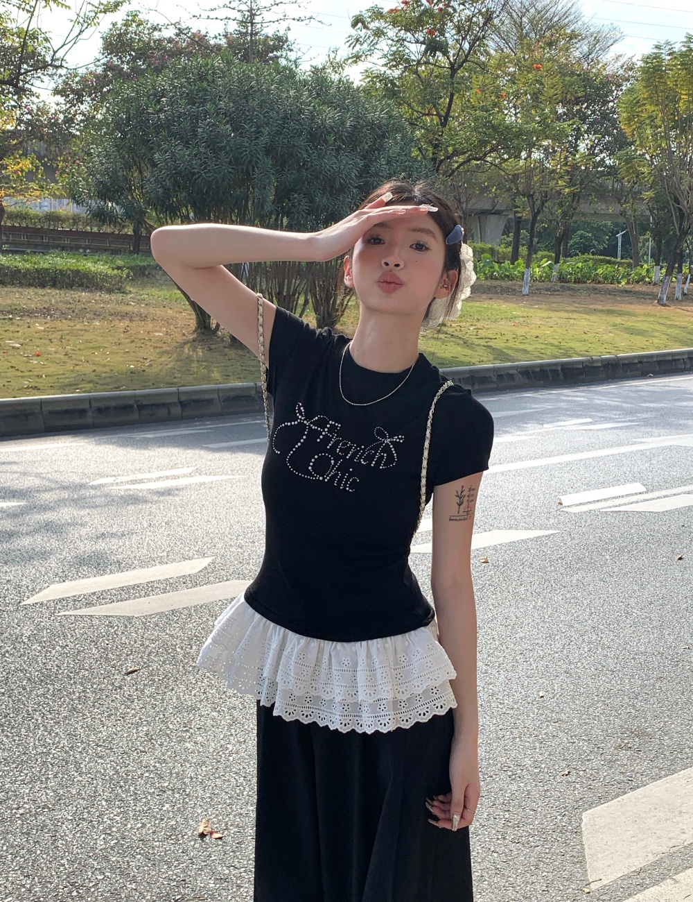 Lace slim rhinestone tops large yard bow summer T-shirt