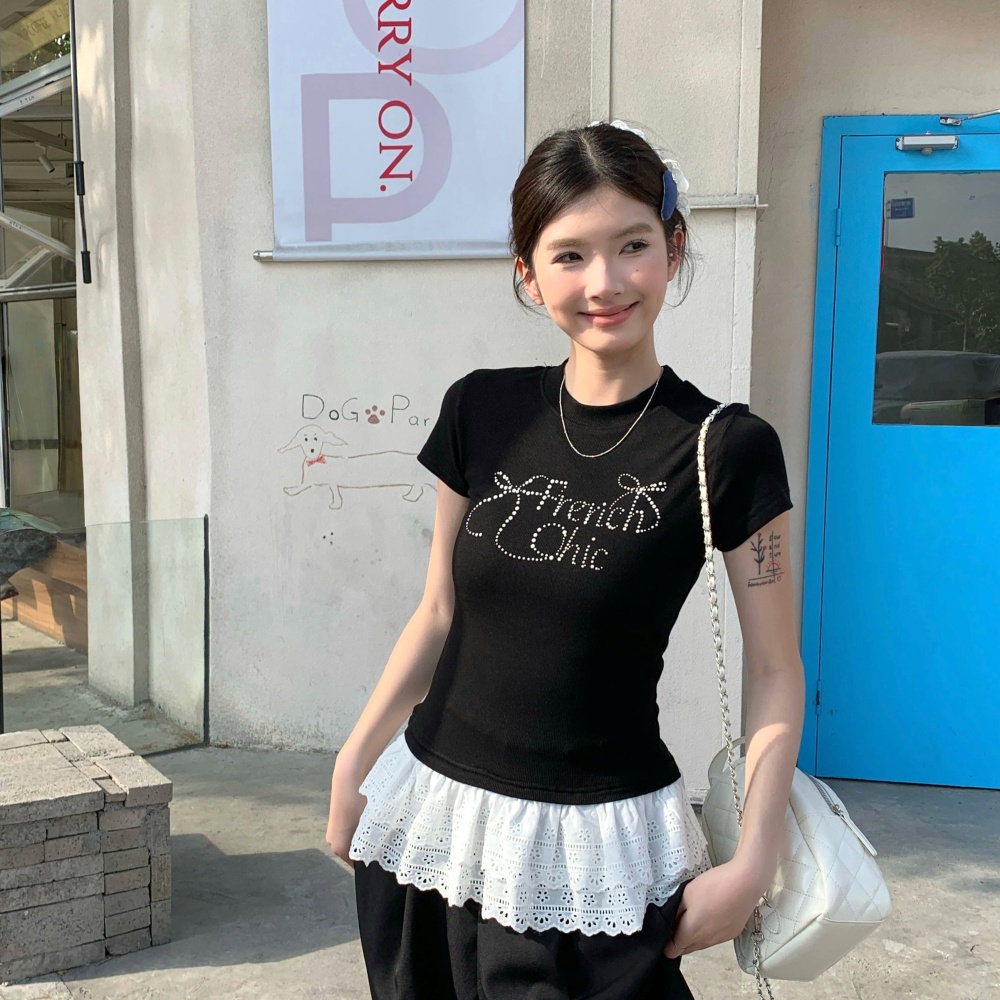 Lace slim rhinestone tops large yard bow summer T-shirt