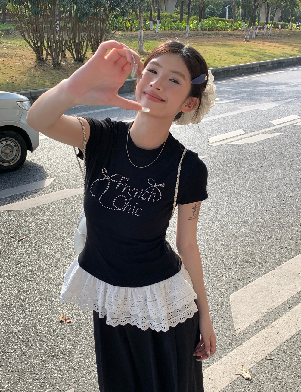 Lace slim rhinestone tops large yard bow summer T-shirt