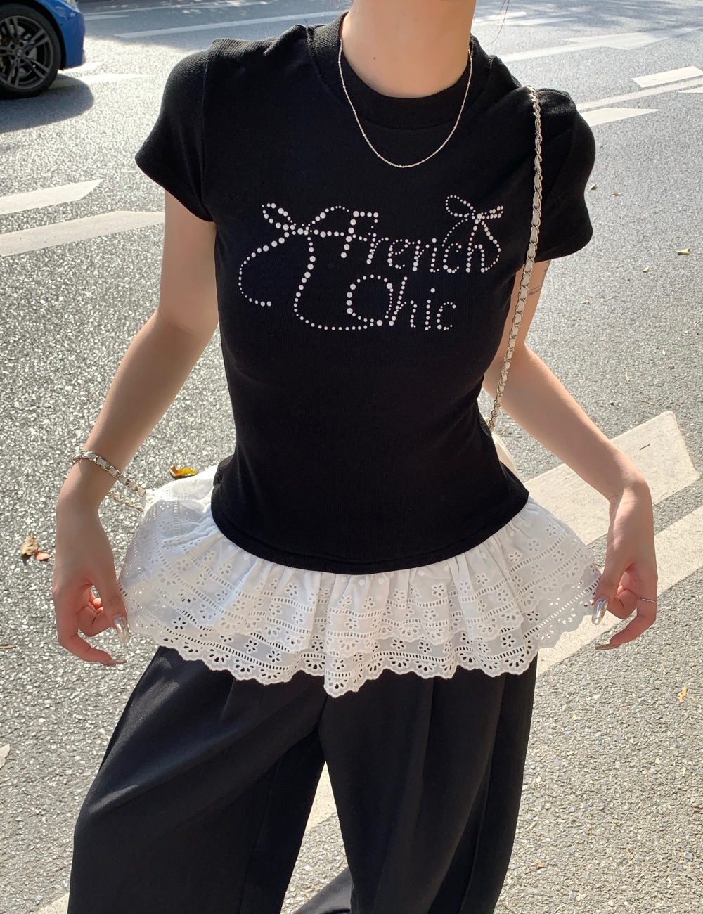 Lace slim rhinestone tops large yard bow summer T-shirt