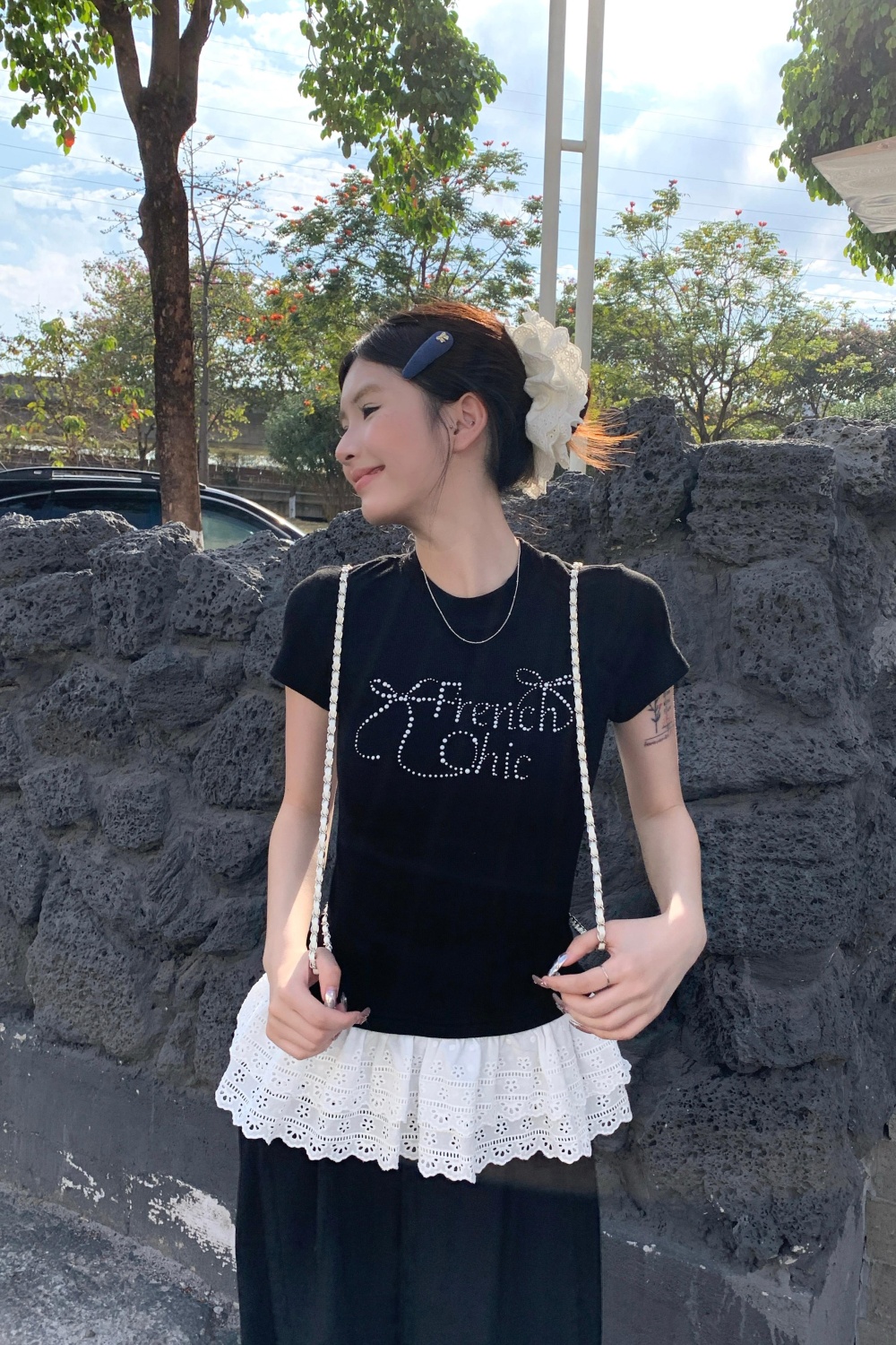 Lace slim rhinestone tops large yard bow summer T-shirt