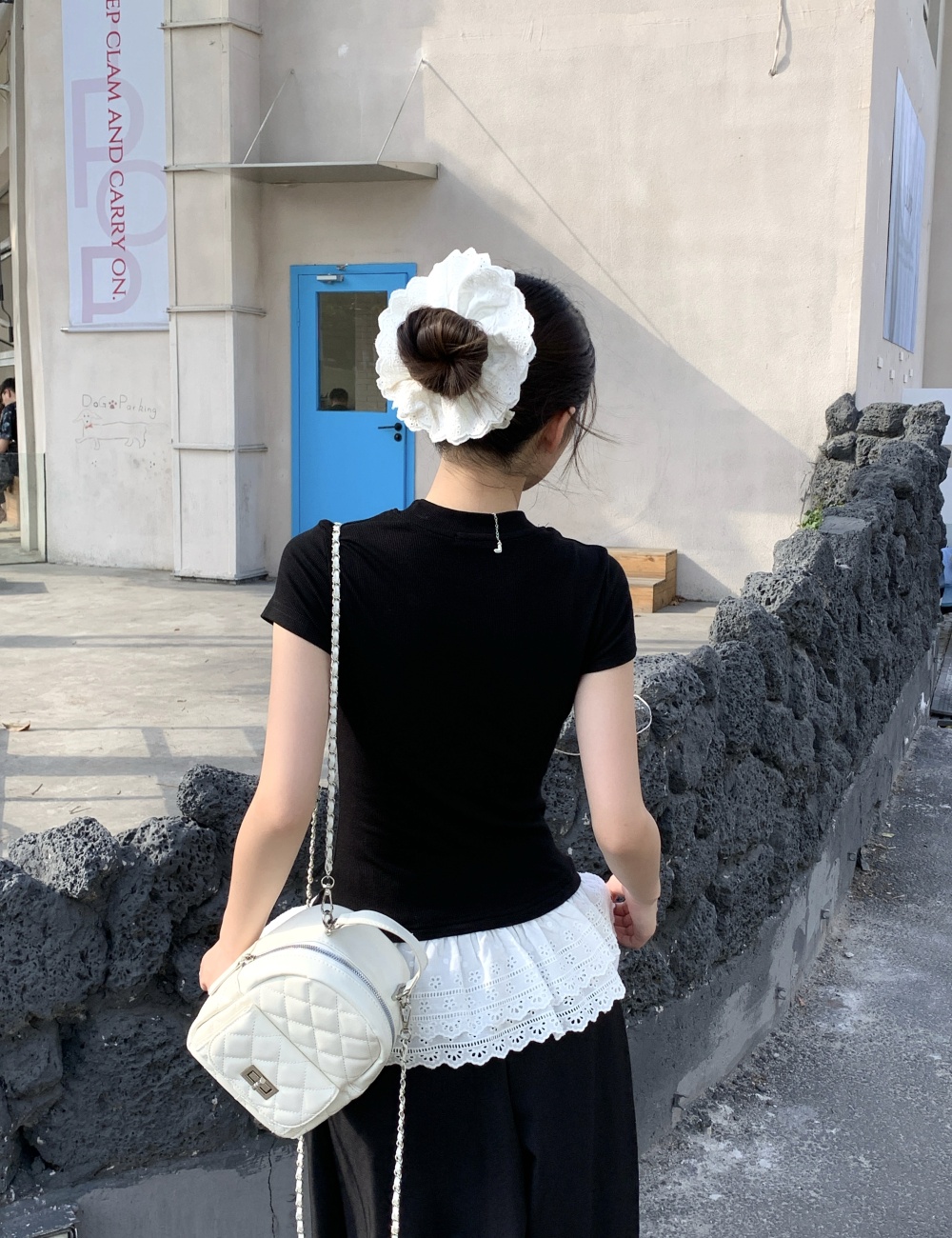 Lace slim rhinestone tops large yard bow summer T-shirt