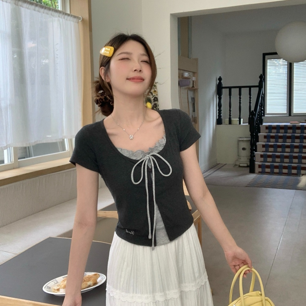 Lace collar short sleeve large yard spicegirl frenum T-shirt